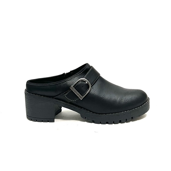Eastland Shoes - Vintage 1990s black leather chunky platform slip on heeled clogs